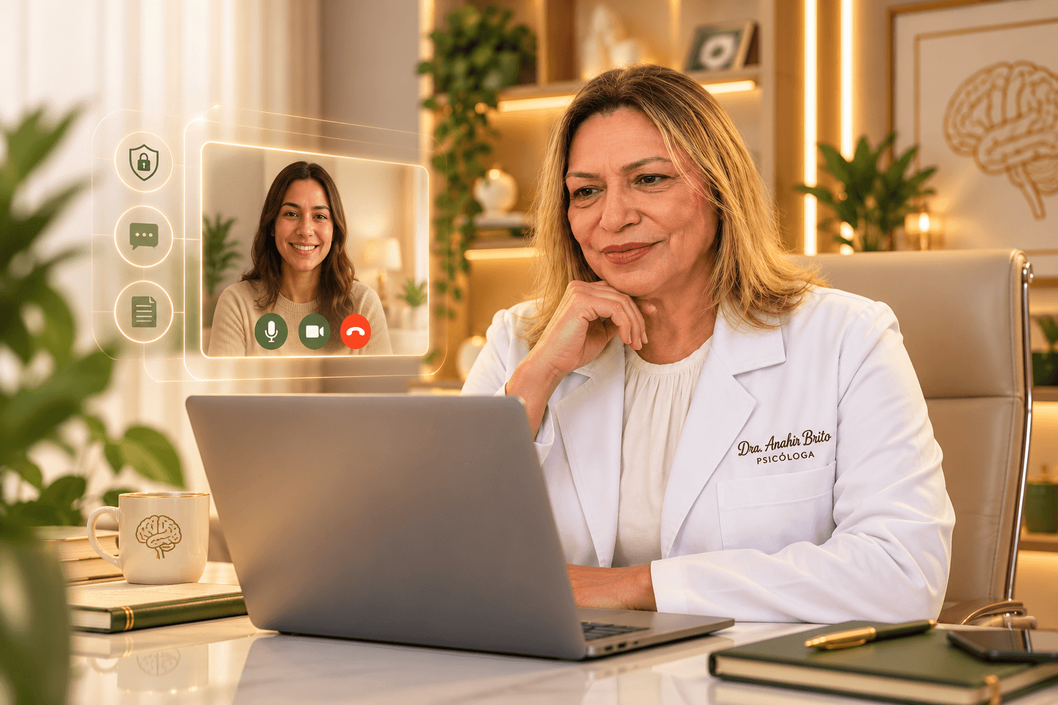 Dra. Anahir Brito realizando atendimento psicológico por telemedicina no Espaço Terapêutico Psiconeuro